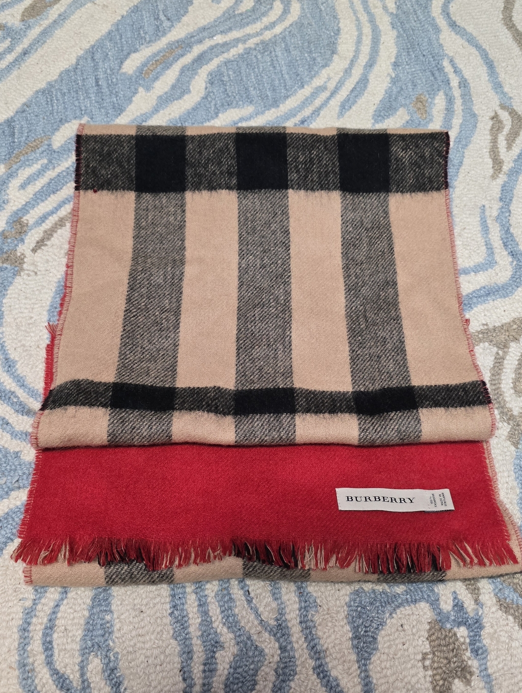 Burberry Reversible Check Scarf In Beige, Black & Red